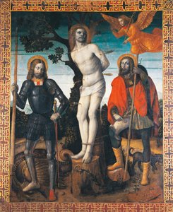 Sv. Šebestián, sv. Rocco a sv. Giorgio, rubová strana procesního praporu Orzinuovi, od Vincenza Foppy (cca 1427 - ca 1515), malba na plátně.