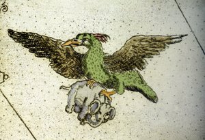 Obrovský pták Rok nosící slona mezi svými skleníky, aby ho dal svým mláďatům, je detail mapy světa od Vincenza coronelliho (1650-1718). 17. století