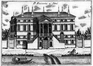 Palác (Palazzo) Foscarini ve Stra u Benátek. ve filmu „Singularita Benátek“ od Vincenza Coronelliho (1650-1718).