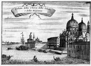 Benátky, Itálie. Kostel Santa Maria della Salute navržený architektem Baldassare Longhena a námořní celnice. Ve filmu „Singularita Benátek“ od Vincenza Coronelliho (1650-1718).