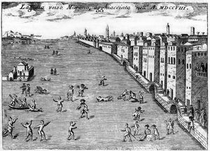 Benátky, Itálie. Lugune směrem k ledu Murano v roce 1708 v „Singularitě Benátek“ od Vincenza Coronelliho (1650-1718).