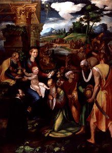 Klanění mudrců s dárcem (olej a tempera na desce) od Vincenzo da (d.1557) Pavia