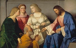La Remise des clefs a saint Pierre - Kristus dává klíče svatému Petrovi - Catena, Vincenzo di Biagio (asi 1470-1531) - c. 1520 - Olej na dřevě - 86x135 - Museo del Prado, Madrid od Vincenzo di Biagio Catena