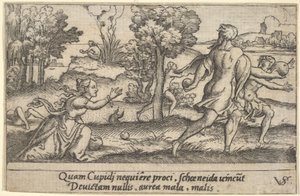 Atalanta a Hippomenes, v popředí Atalanta klečící, aby zvedla jablko an..., ca. 1535-62.