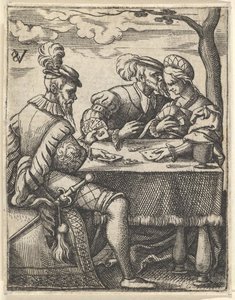 Dva muži a žena hrají karty u stolu, jeden muž tiskne nos směrem k ..., ca. 1535-62.