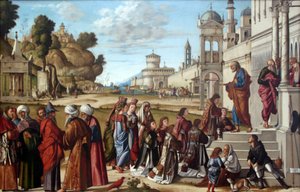 Německy: Die Weihe des Heiligen Stephanus zum Diakon Svěcení svatého Štěpána na jáhna od Vittore Carpaccio