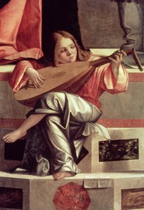 Anděl minstrel hrající na loutnu, detail z obrazu Představení Ježíše v chrámu od Vittore Carpaccio