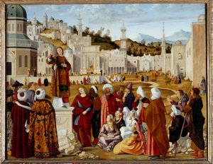 Předpověď sv. Štěpána v Jeruzalémě Obraz díl ze série realizované pro kapli Scuola si Santo Stefano v Benátkách. Obraz Vittore Carpaccia (1450/54-1525/26) Ne. 1,4x1,9 m - Kázání sv. Štěpána (St. Etienne) v Jeruzalémě. To od Vittore Carpaccio