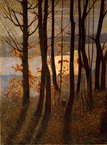 Ráno nebo „“ Panteistická báseň““ Krajina podrostu poblíž vodní plochy za úsvitu. Obraz Vittore Grubicy of Dragon (1851-1920) Milán, Galleria d