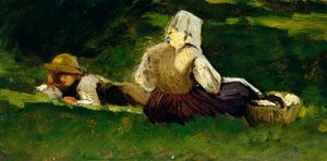 Sedící žena a chlapec ležící na trávě, Vittorio Avondo (1836-1910).