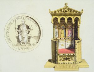 Mince a trůn Fredericka Barbarossy (kolem 1123–1190) z „Le Costume Ancien et Moderne“ od Julese Ferraria, publikovaná kolem 20.–30. let 18. století (barevně lito)