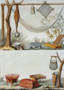Domácí nářadí a nábytek, kmen Karibů, Nizozemské Antily, deska 69 z knihy "Le Costume Ancien et Moderne" od Julese Ferraria, vydané cca ve 20.-30. letech 19. století (barevná litografie) od Vittorio Raineri
