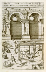 Stroj na zvedání stavebních materiálů poháněný koňmi, z "Nuovo Teatro di Macchine ed Edifici", pub. 1607