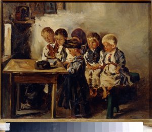 Počkejte na milenku. (Čekání na učitele). Obraz Vladimíra Jegoroviče Makovského (Makovskij, Makovskij) (1846-1920), olej na plátně