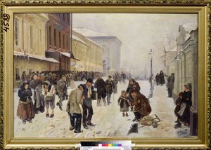 Noční azyl (Dosshouse). Pouliční scéna, dav potřebných lidí bez domova se shromažďuje před přijímací budovou, trpí zimou a chudobou. Obraz Vladimíra Jegoroviče Makovského (Makovskij, Makovskij) (1846-1920), olej na plátně od Vladimir Egorovic Makovsky