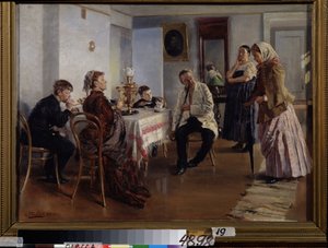 Najímání pokojské (A Maid Employment). Mladá žena se uchází o místo, na dotazy paní domu, pod pohledem svého manžela a dětí, sedící u čaje. Mladou ženu sleduje i zaměstnanec
