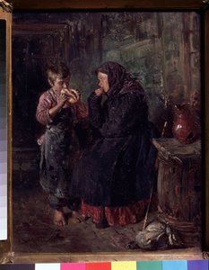 Shledání (The Reunion). Matka, která přišla navštívit své dítě, hůl a batoh ležící na zemi, stále nosí kabát a šátek na hlavě a požírá svého syna očima, když jí jakousi briošku. Je bosý, od Vladimir Egorovic Makovsky