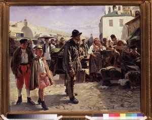 Sudové varhany (The Organ Grinder). Potulný hudebník drží svůj nástroj na zádech, doprovázejí ho dvě velmi elegantní děti, přijíždějí na tržiště města, kde na ně zírají obchodníci. Obraz Vladimir Yegorovi od Vladimir Egorovic Makovsky