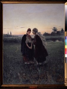 Matka a dcera (Matka a dcera). Dialog a mezigenerační sebevědomí za soumraku, mladá dívka vypadá nekonečně smutně. V pozadí, malá venkovská vesnice, dvě ženy mají na sobě tradiční šaty. Malování z od Vladimir Egorovic Makovsky