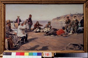 Na palubě (On the Deck). Cestovatelé všech tříd na lodi, která jezdí podél pobřeží. Obraz Vladimíra Jegoroviče Makovského (Makovskij, Makovskij) (1846-1920), olej na plátně od Vladimir Egorovic Makovsky