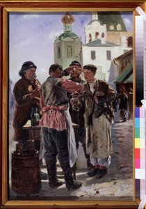 Prodejce Kvasu (Kwass) (Prodejce Kvasu). Kvašený a perlivý nápoj, mírně alkoholický a oblíbený, přezdívaný chlebové pivo, ruský národní nápoj. Obraz Vladimíra Jegoroviče Makovského (Makovskij, Makovskij) (1846-1920), olej na plátně