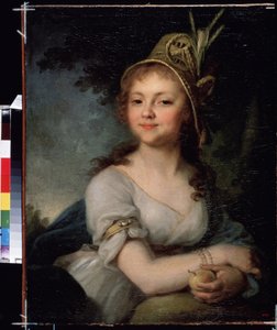Portrét Ekateriny Arsenyeva. Má klobouk a náramky a drží ovoce. (Portrét Jekatěriny Arsenyevové). Obraz Vladimíra Lukiče Borovikovského (nebo Borovikovského) (1757-1825). Olej na plátně, cca 1790, 71,5 x 56,5 cm, ruské umění, klasika od Vladimir Lukich Borovikovsky