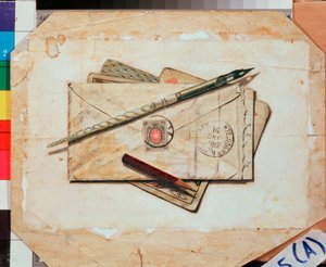 Dopis a hrací karty. Stálý život. Dílo Vladimíra Pavloviče Sokolova (1860-1913), akvarel na papíře. ruské umění od Vladimir Pavlovich Sokolov