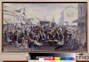 Bleší trh v Moskvě (Rusko) (The Second Hand Market In Moscow). Pouliční scéna s postavami v špinavém a záplatovaném oblečení, někteří jedí u stolků před barákem, jiní si prohlížejí nabízené zboží, další se schovávají od Vladimir Yegorovich Makovski
