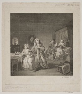 Porodnice III. dějství 6 scéna. Rytina podle Lorenzenovy galerie Holberg. od WIlhelm Heuer
