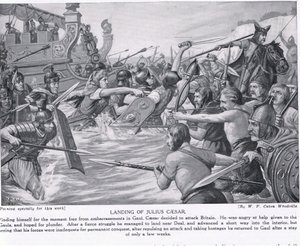 Přistání Julia Caesara, ilustrace z „Hutchinsonových dějin národů“, kolem roku 1910