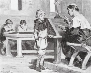 Mladý Cuthbert ve škole (litografie)