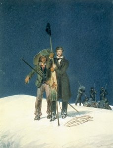 Charles Fellows s Williamem Hawesem, Nasazuje obušek na vrchol, zařazeno jako příloha v knize A Narrative of an Ascent to the Summit of Mont Blanc by Charles Fellows (1799-1860), vydané 1827 (wc na pa od W.S. Hastings