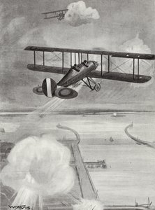 Velitel eskadry Richard Davies a poručík Richard Peirse shazují bomby na ponorkovou stanici v Zeebrugge pod těžkou palbou, 23. ledna 1915