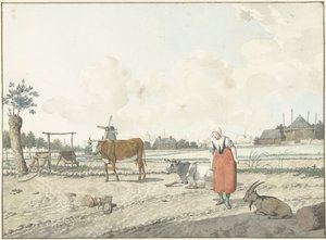 Krajina s farmářskou ženou a dobytkem od W. Barthautz