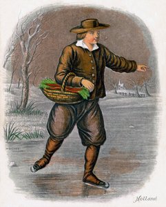 Holandský muž bruslí s košíkem zeleniny, 1809.