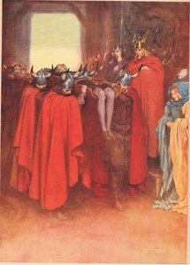 Horatio říká svým mužům, aby ‚nesli Hamleta jako vojáka‘, z ‚Hamleta‘ od Williama Shakespeara, vydání vydané nakladatelstvím Hodder und Stoughton v roce 1915 od W. G. Simmonds