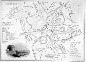 Řím, Itálie: (rytina): Srovnávací mapa starověkých a moderních památek, cca 1850) od W Hughes