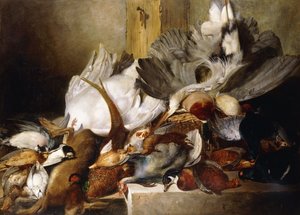 Zátiší mrtvých ptáků; Volavka visící na zdi, kachna, bažant, koroptev, sluka lesní, labuť a holub se zajícem, 1845 od W. Oakes