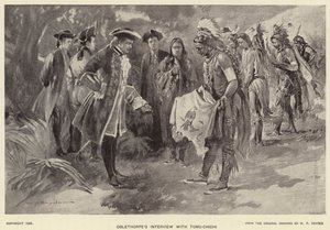 Oglethorpeův rozhovor s Tomo-chichi (litho) od W. P. Snyder