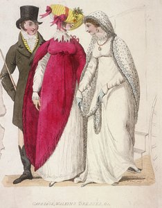 Dvě ženy ve vycházkových šatech v doprovodu muže, c1810