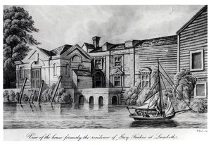 Pohled na dům Dříve sídlo Guye Fawkese v Lambeth, kolem roku 1850 (akvatinta) od W. Read