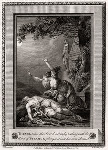 Thisbe vezme Meč páchnoucí krví Pyrama a ponoří jej do..., 1775.