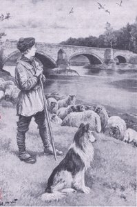 Pohled na starý římský most v Musselburghu podněcuje představivost pastýře Johna Rennieho, z My Magazine, pub. 1922 (litho) od Wal Paget