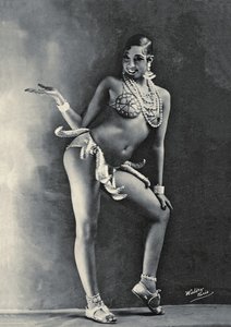 Josephine Baker ve svém slavném banánovém kostýmu kolem roku 1927 (černobílá fotografie)