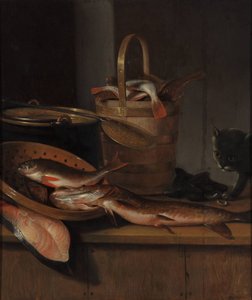 Zátiší s rybou a kočkou, c. 1650-1660