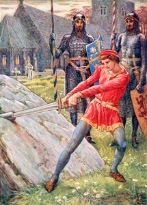 Artuš vytahuje meč z kamene (barevná litografie) od Walter (after) Crane