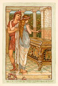 Pandora se diví u skříňky (barevná litografie)