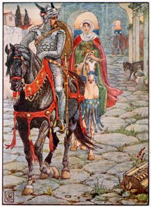 Sir Geraint a lady Enid v opuštěném římském městě (barevná litografie) od Walter (after) Crane