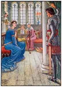 Sir Owen zdraví dámu z fontány (barevná litografie) od Walter (after) Crane