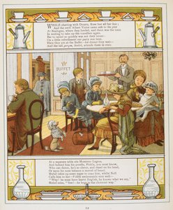 Rodina s občerstvením v bufetu. Barevná ilustrace z 